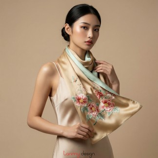 Khăn lụa 2 mặt kem thêu hoa và lá 55*200 cm